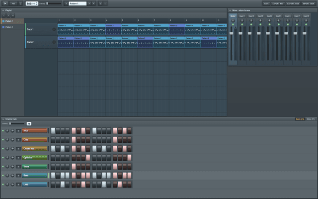 Screenshot of the FL Studio replica's docked Channel Rack, Playlist, and Mixer