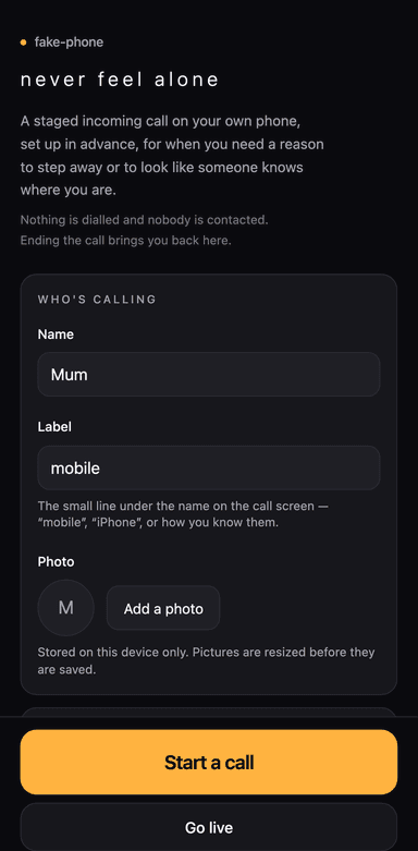 Screenshot of the Fake Phone replica's home screen