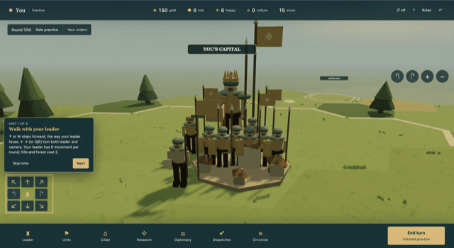 Screenshot of round 1 of a solo practice game in Leaders: the banner of You's capital on a hex plateau, the leader and a retinue of spear-carrying followers beside it, a hint card reading Walk with your leader, the relative movement pad, and a resource header showing 150 gold, 6 happy and 15 score