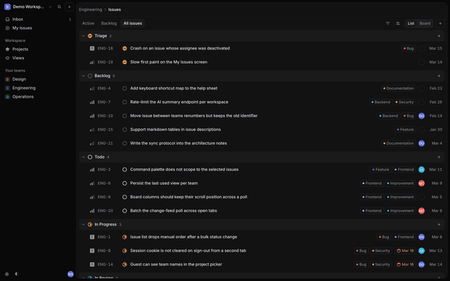 Screenshot of the Linear replica's issue list view