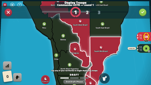 Screenshot of the Risk replica in the draft phase: a South America board with owner-coloured territories, numbered troop tokens, the roster capsules on the right edge, the Deploy Troops count dialog and the troops-to-deploy counter